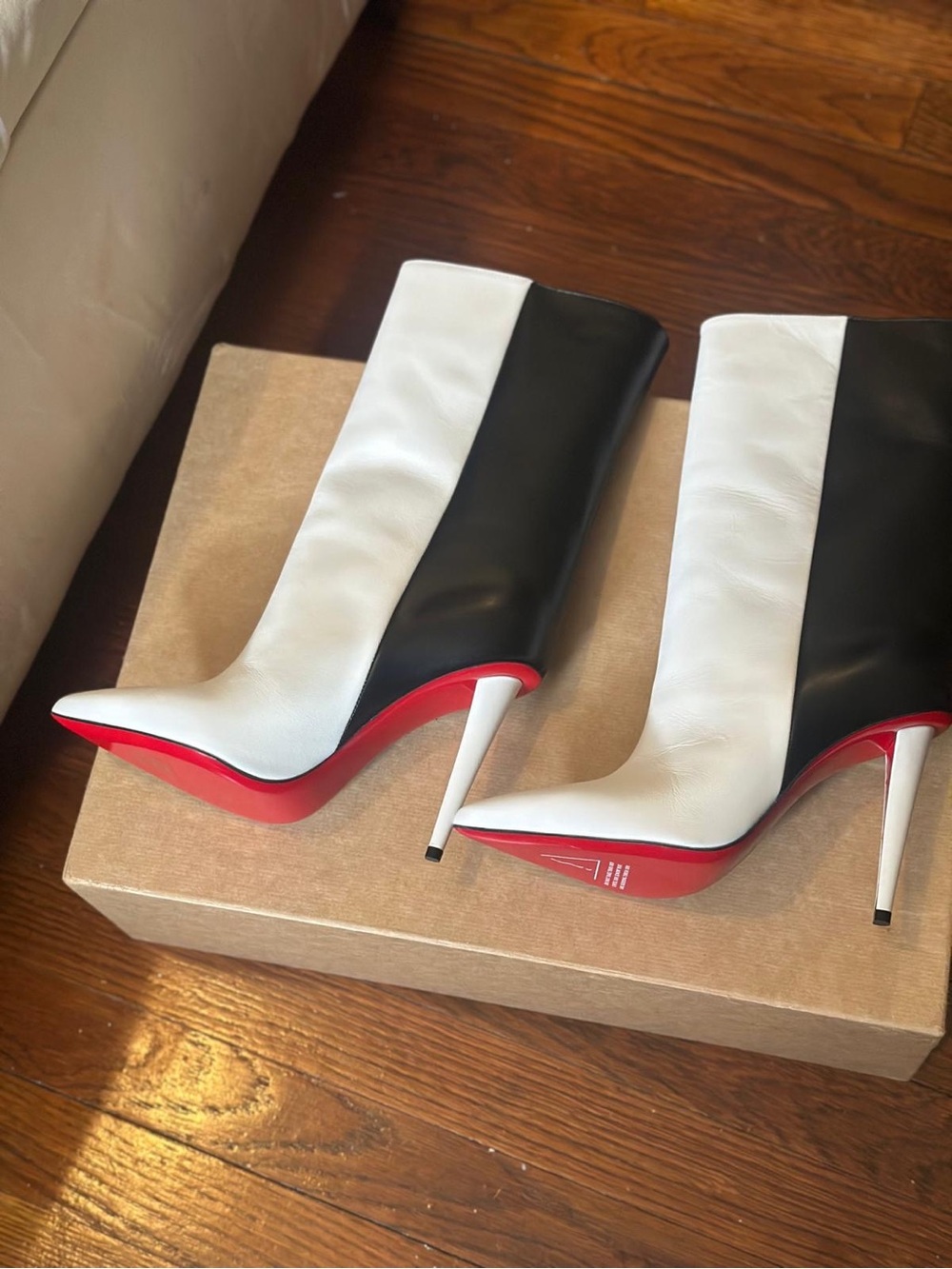 Christian Louboutin Black and White Colorblock Stiletto Booties - Picture 5 of 8